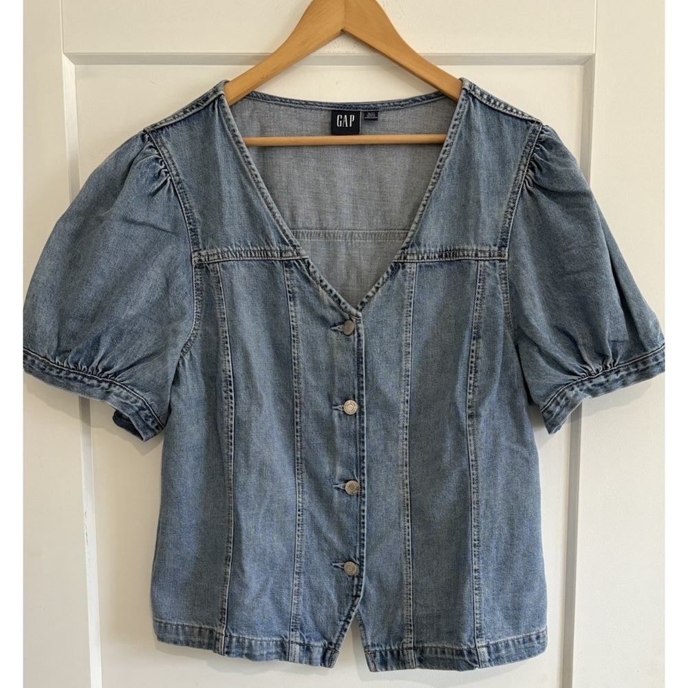 GAP Denim Puff-Sleeve Seamed Top Light Wash XL TALL EUC V-Neck Button Front Boho